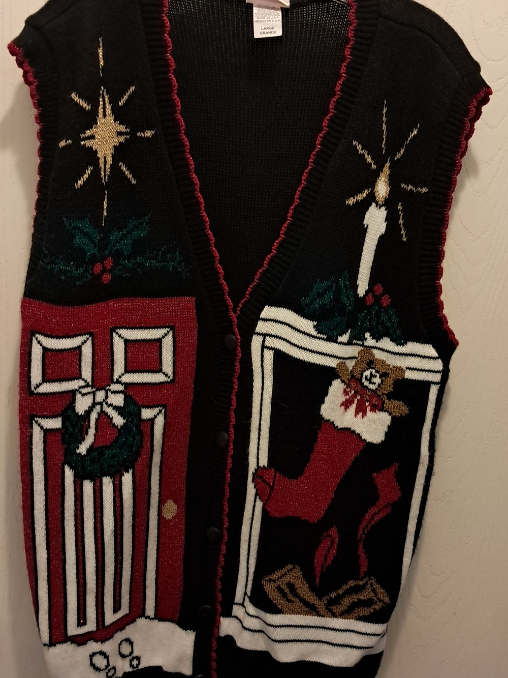 Holiday Time Black Knit Vest with Red, White, Green and Gold Holiday Motifs